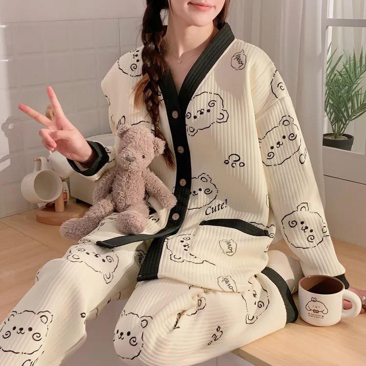 【带胸垫10-3月空气棉】孕妇睡衣秋冬季月子服夹层产后月子服喂奶装