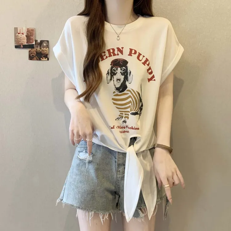 时尚复古卡通印花短袖t恤女2025年爆款大码胖mm百搭短款绑带上衣