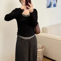 大妍小个子秋装韩系休闲百搭圆领修身显瘦长袖假两件T恤8896