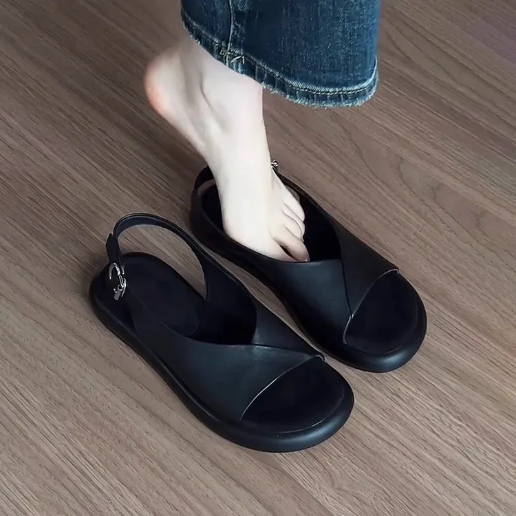 柒戈羊皮~法式真皮复古凉鞋女款夏季新款外穿百搭软底舒适罗马鞋