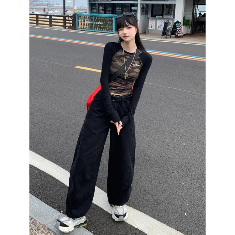 POYZ美式复古高腰镰刀直筒牛仔裤女2024秋季高街百搭宽松阔腿裤子