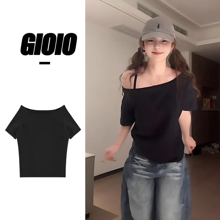 GIOIO夏季辣妹风纯色短袖修身显瘦时尚设计感小众百搭斜肩U领T恤