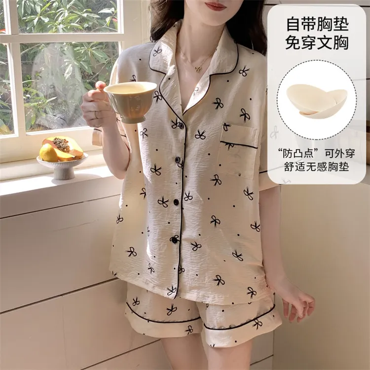 2025新款夏季蝴蝶结短袖短裤睡衣女款薄款带胸垫可外穿家居服套装
