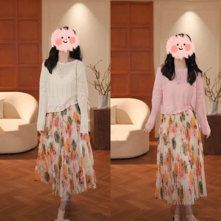 2025春夏欧若风亚麻高级感百搭针织衫时尚高腰显瘦半身裙两件套