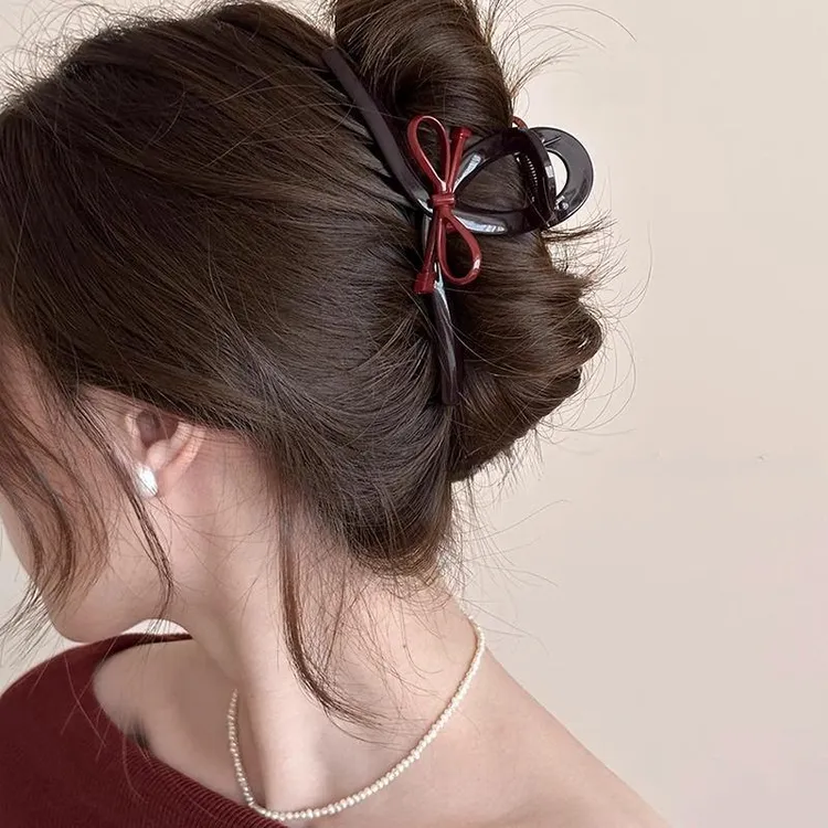 复古咖色大号抓夹女2025新款高级感红色蝴蝶结发夹后脑勺鲨鱼夹子