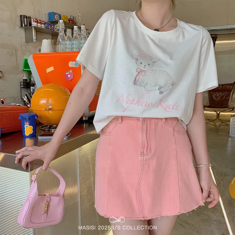 马西西大码女装蜜桃粉牛仔半身裙夏胖mm高腰显瘦短裙宽松A字裙子
