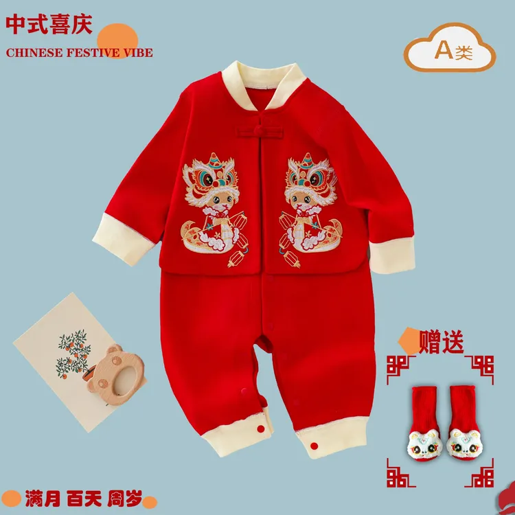 秋款纯棉国风刺绣衣服连体衣宝宝满月百天周岁长袖纯棉衣服连体衣