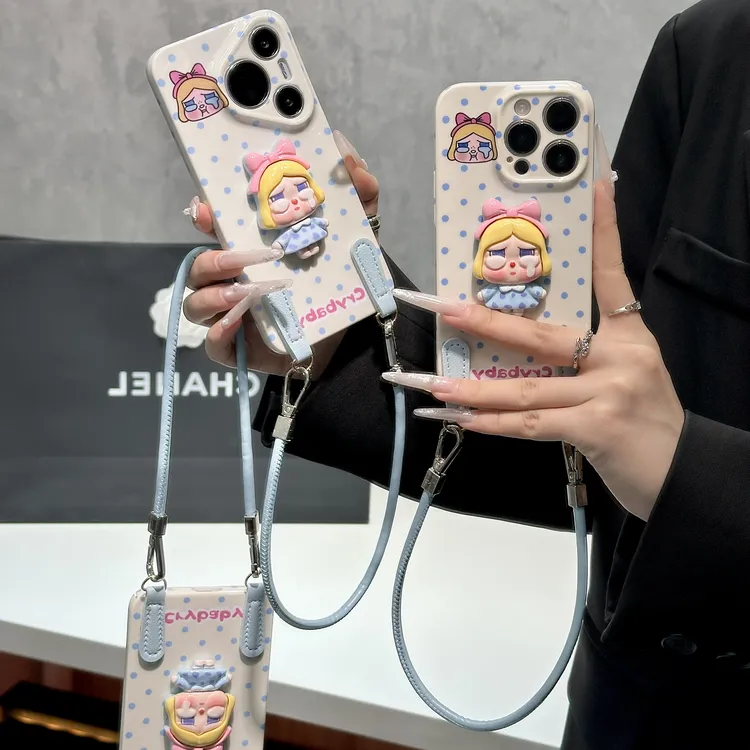雅天立波点卡通哭娃菲林适用苹果16挂绳手机壳华为P70vivoppo小米
