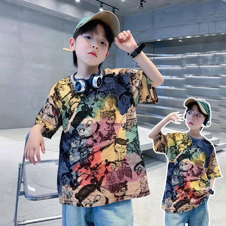 男童2025夏季新款短袖儿童中大童卡通动漫扎染宽松洋气透气T恤潮