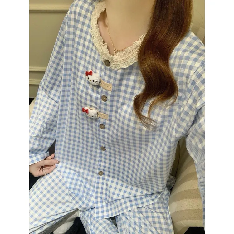 2025新款Hello Kitty韩版棉质甜美格子睡衣女春秋季带胸垫家居服