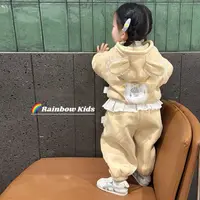 【彩虹家】2025深秋冬女童兔耳朵鸭子加绒厚连帽外套卫裤套装-98096