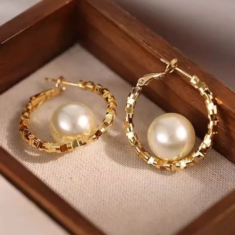 铜合金仿珍珠耳饰  【155号】碎银子珠珠耳圈女轻奢百搭设计感耳环