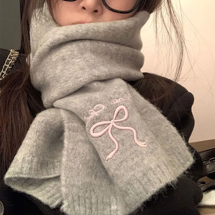 日系可爱蝴蝶结围巾冬季女新款氛围感防寒保暖护颈针织围脖刺绣XH