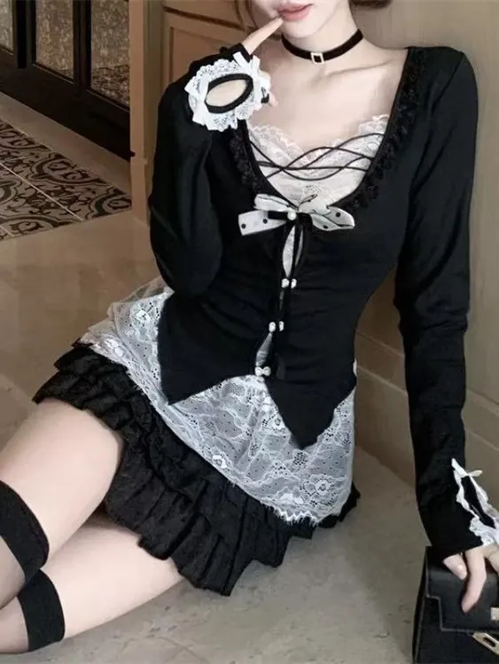 小香风蝴蝶结假两件长袖t恤女秋冬纯欲性感v领上衣蕾丝打底衫内搭