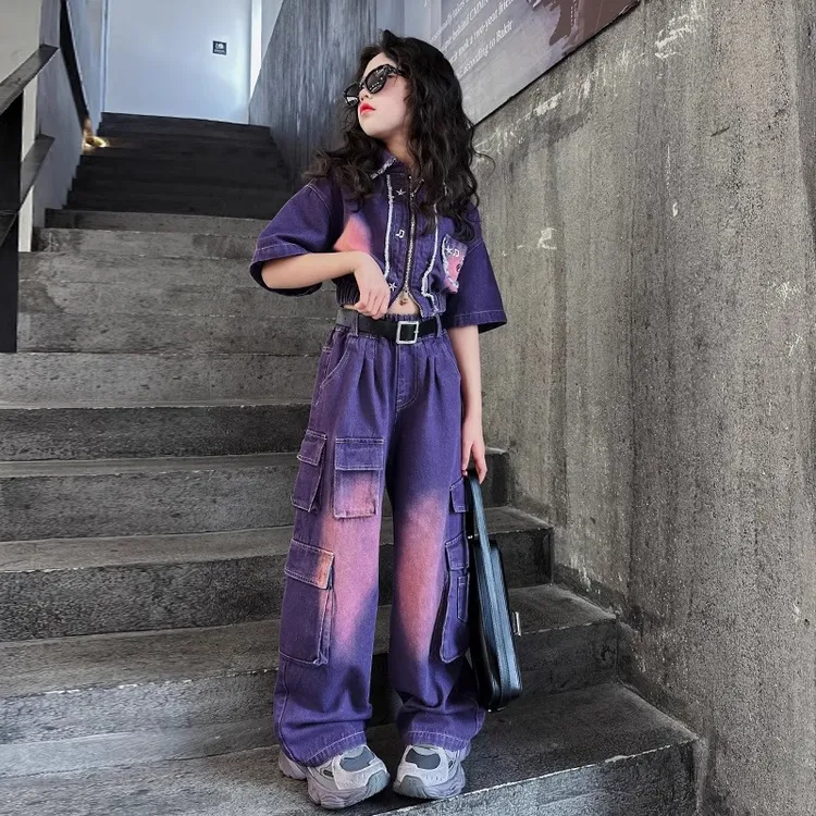 女童夏装套装2025新款儿童洋气时髦夏季中大童牛仔工装裤子两件套