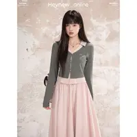 LOVEHEYNEW撞色叠穿V领假两件针织衫女秋抽绳花苞半身裙-WP588AHN