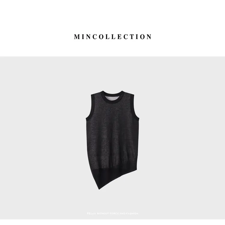 DE Mincollection斜边背心/不规则假两件亚麻凉感针织背心女81051