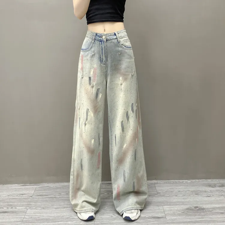 2025夏季新款水洗做旧渐变涂鸦烫钻牛仔裤女直筒显瘦扎染高街裤子