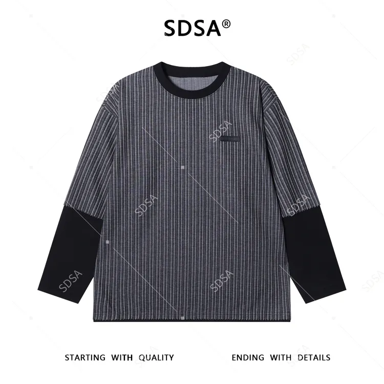 SDSA男士秋冬新款痞帅男装韩版撞色拼接圆领长袖T恤高街舒适上衣