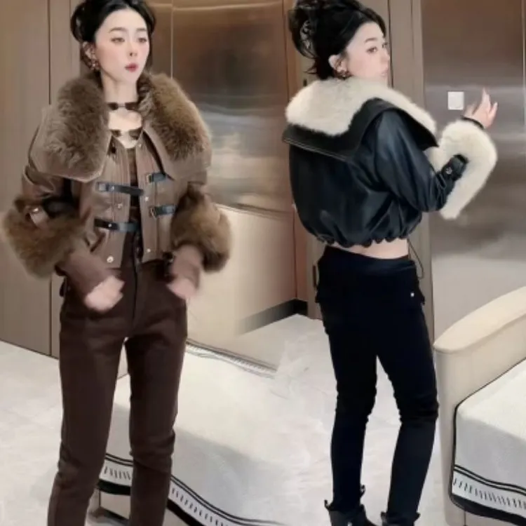 2025冬季洋气短外套加绒秋冬欧货复古毛领加厚气质皮夹克上衣短款