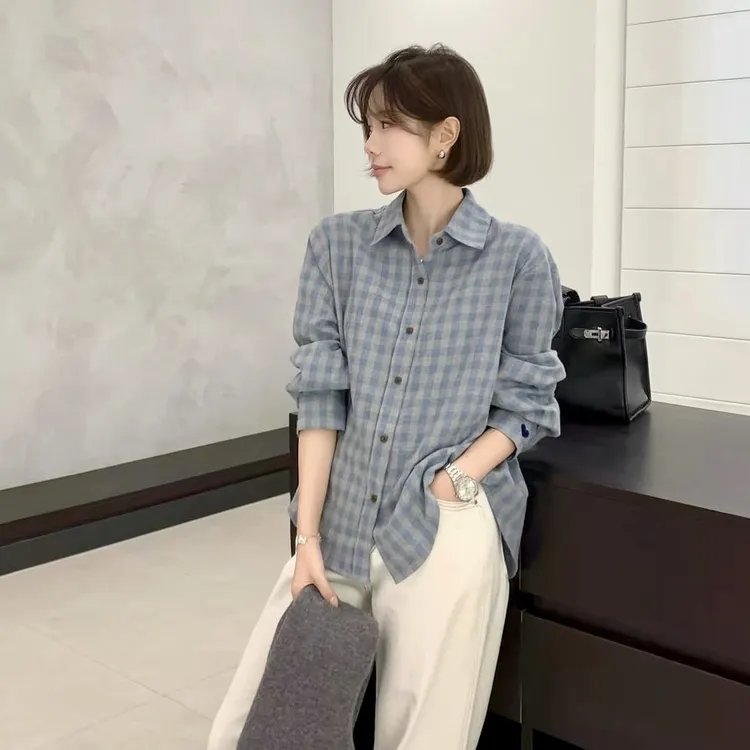 新款韩版百搭显瘦时尚复古格子翻领休闲衬衫衬衣宽松格纹小众百搭
