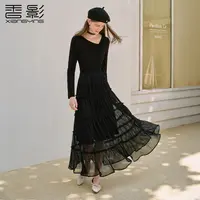【直播专享】L95A489连衣裙 香影黑色网纱拼接蛋糕连衣裙女秋季新