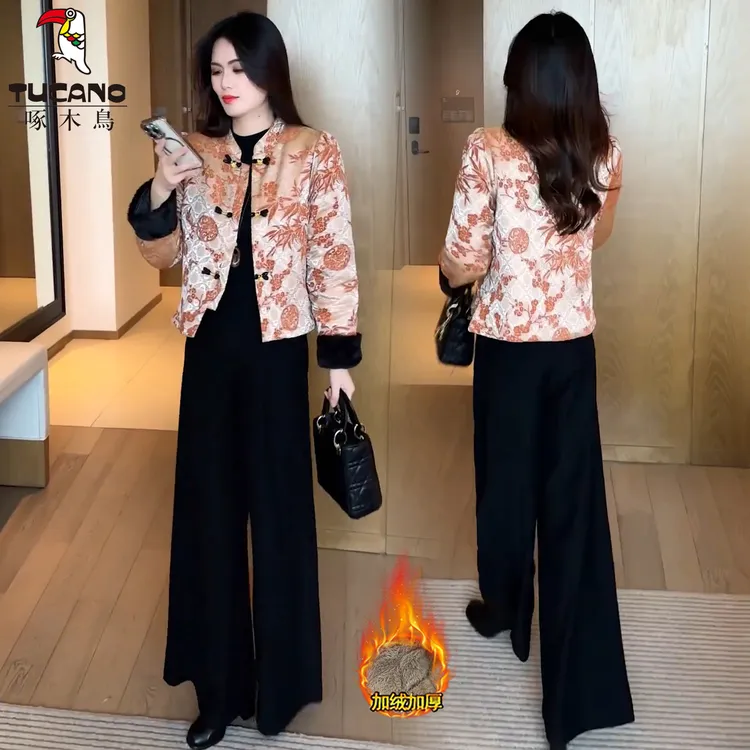 啄木鸟新中式国风盘扣短款外套2025冬季新款时尚洋气加绒保暖棉袄