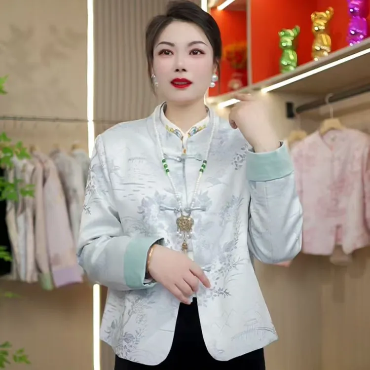 2025新款提花新中式女短款加棉外套修身型重工百搭时尚气质长袖