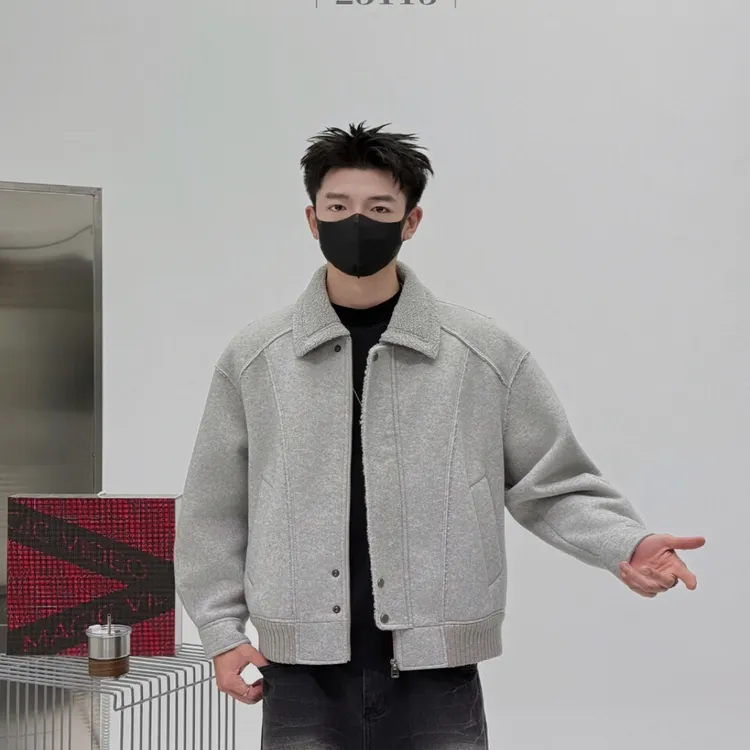 轻奢男士羊毛混纺加羊羔绒大衣冬季加绒加厚外套潮流帅气夹克男款