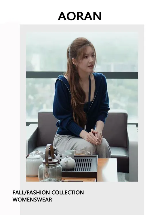 许我耀眼赵露思许妍同款藏青色连帽针织开衫女慵懒风韩系百搭外套
