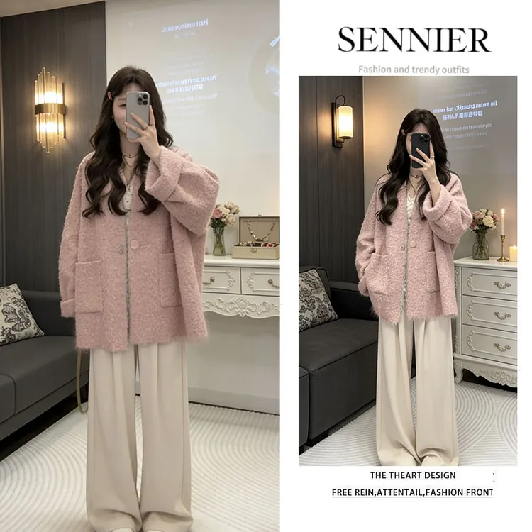 韩系穿搭2025秋季新款宽松长袖外套蕾丝打底衫显瘦阔腿裤三件套女