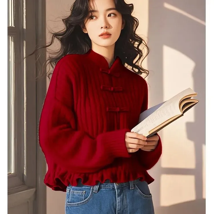 2025新款新中式盘扣毛衣女冬季绝美高级小众新年红色针织衫上衣女