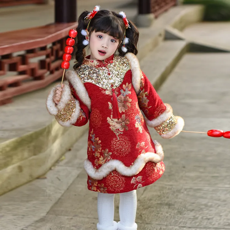 女童拜年服冬装2025新款儿童新中式国风夹棉新年装女孩旗袍连衣裙
