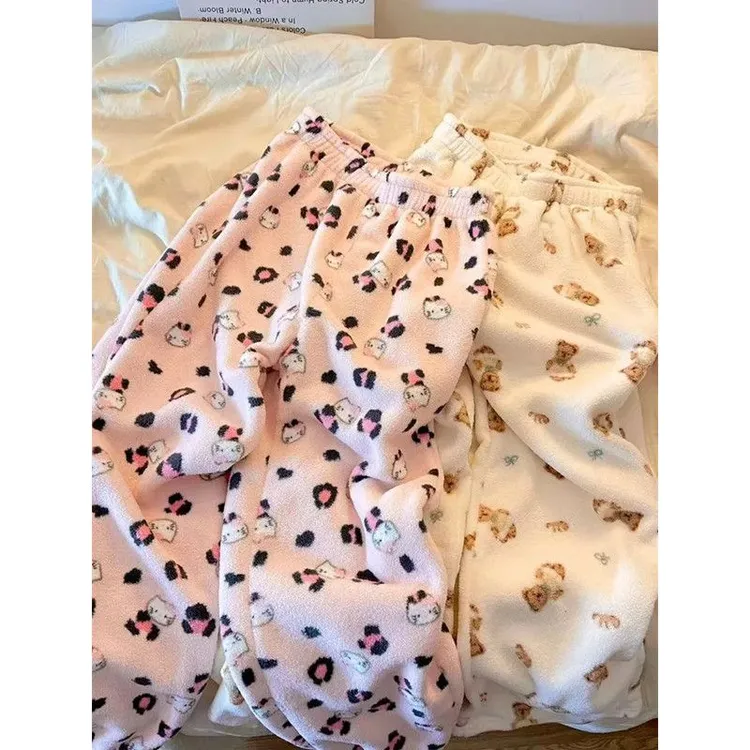 胖mm特大码300斤卡通可爱甜美睡裤阔腿ins秋冬新款Kitty猫休闲裤2