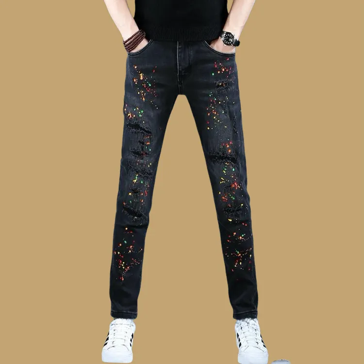 2025年新款破洞泼墨刮烂牛仔裤男士潮流休闲百搭简约韩版直筒长裤
