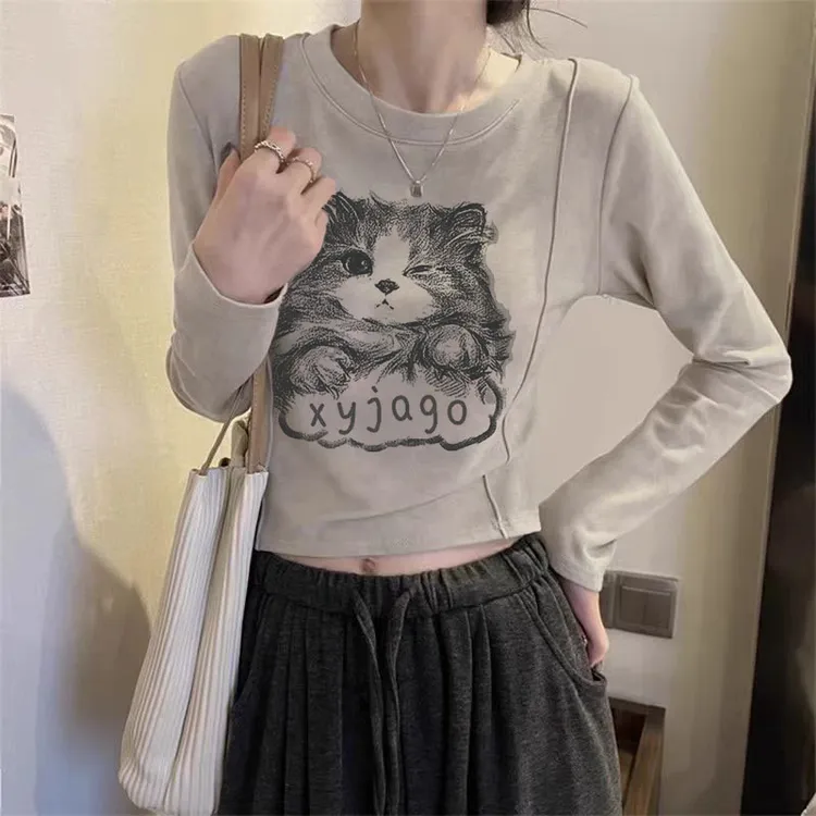 正肩百搭修身少女风常规款上衣设计感卡通小众T恤女印花圆领长袖