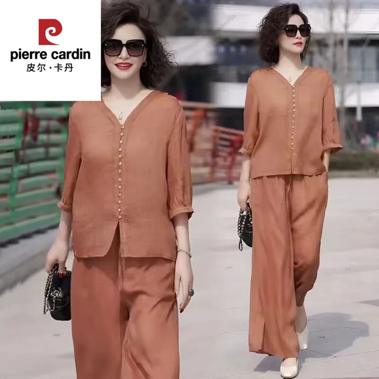 皮尔卡丹高端时尚仿棉麻套装女夏季新款妈妈大码亚麻衬衫休闲阔腿