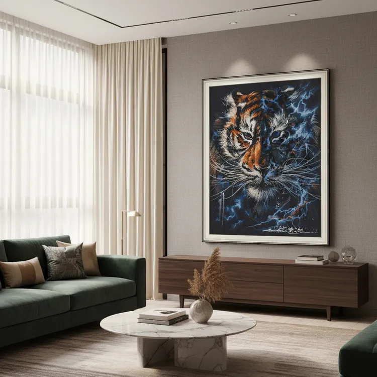 刺绣《虎啸星河》现代轻奢玄关刺绣装饰画客厅办公室新中式玄关画