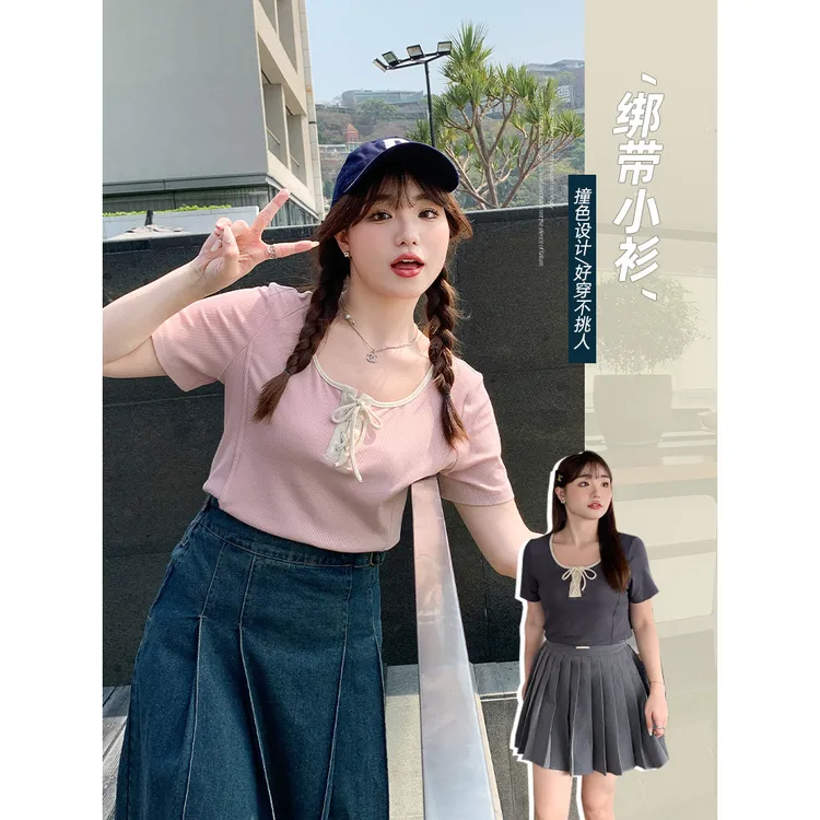 微胖mm纯欲风甜辣t恤夏季大码女装高腰绑带U领短款小衫上衣62424