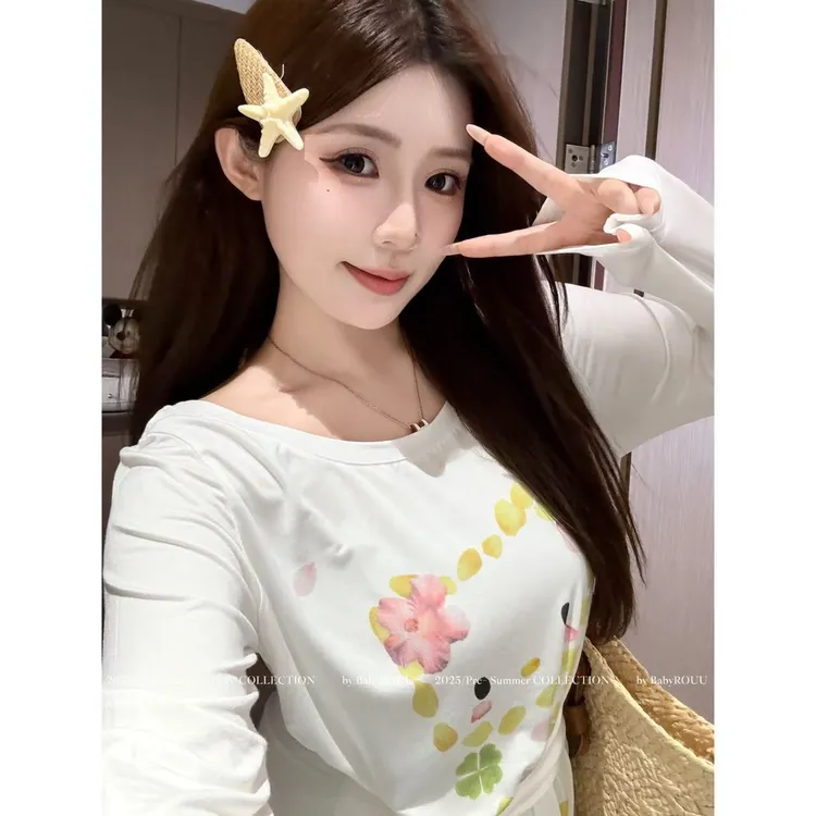 【樱花麻豆】温与柔韩系温柔风童趣慵懒风早秋显瘦微宽松露肩上衣