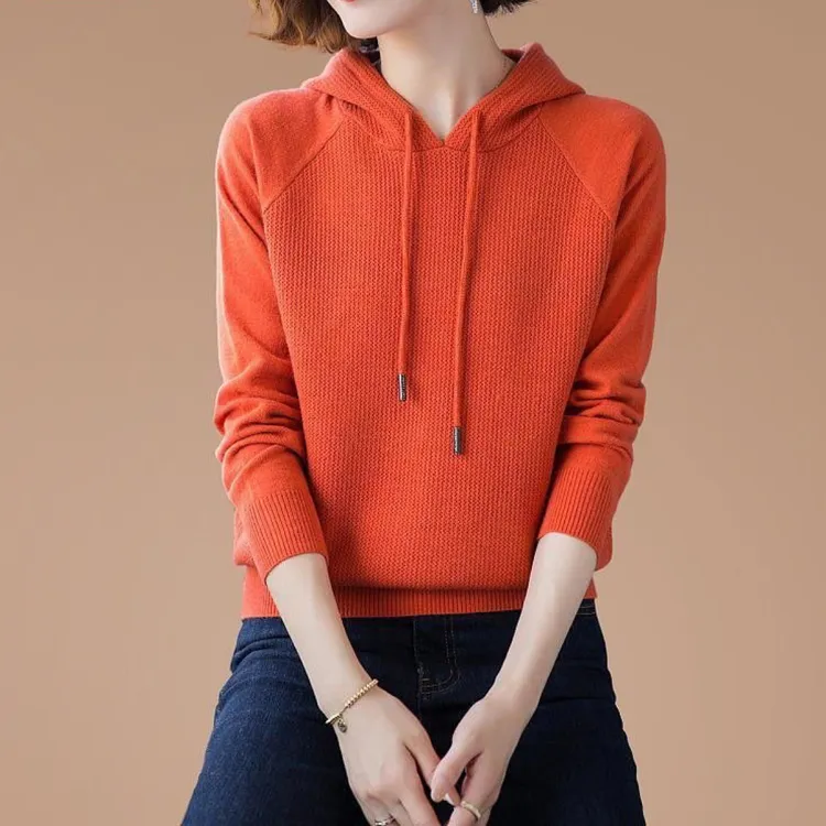 春秋冬新款女士连帽针织衫长袖宽松百搭打底套头毛衣上衣