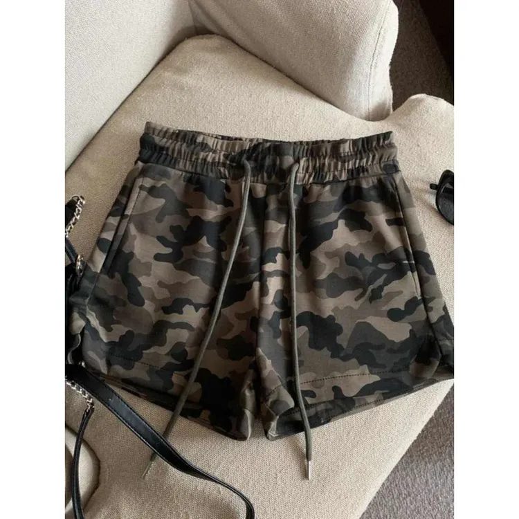 奥特莱斯~撤柜!迷彩高腰系带短裤女夏季宽松显瘦小个子运动阔腿裤