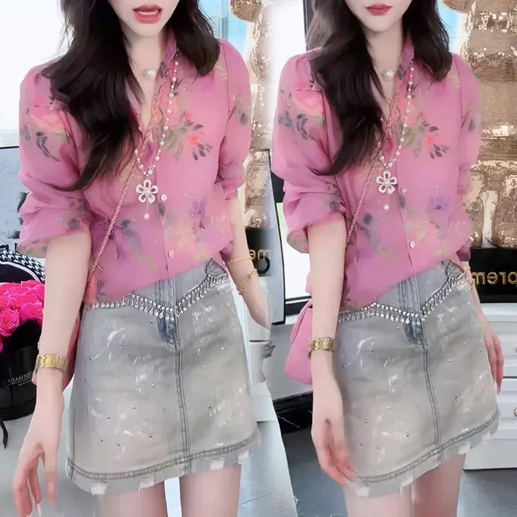 2025年舒适轻奢花色长袖衬衣牛仔短裙薄款春夏女士套装女时尚高级