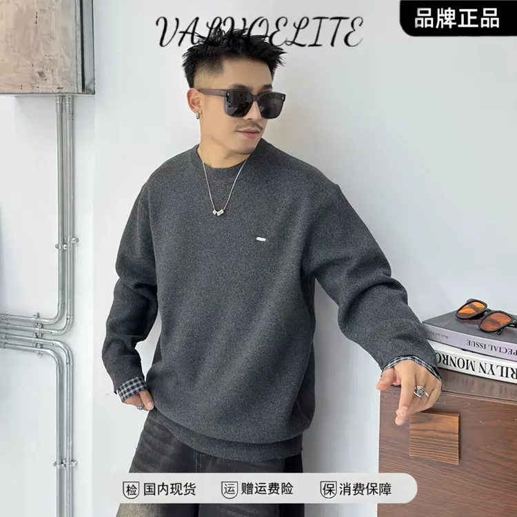 爆款假两件毛衣秋季重磅圆领基础款针织毛衣男保暖松弛感针织毛衫