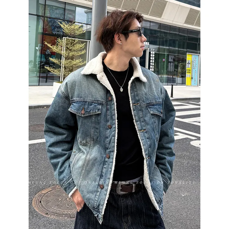 蓝色美式复古羊羔绒牛仔外套男款冬季高级感翻领棉服加绒工装夹克