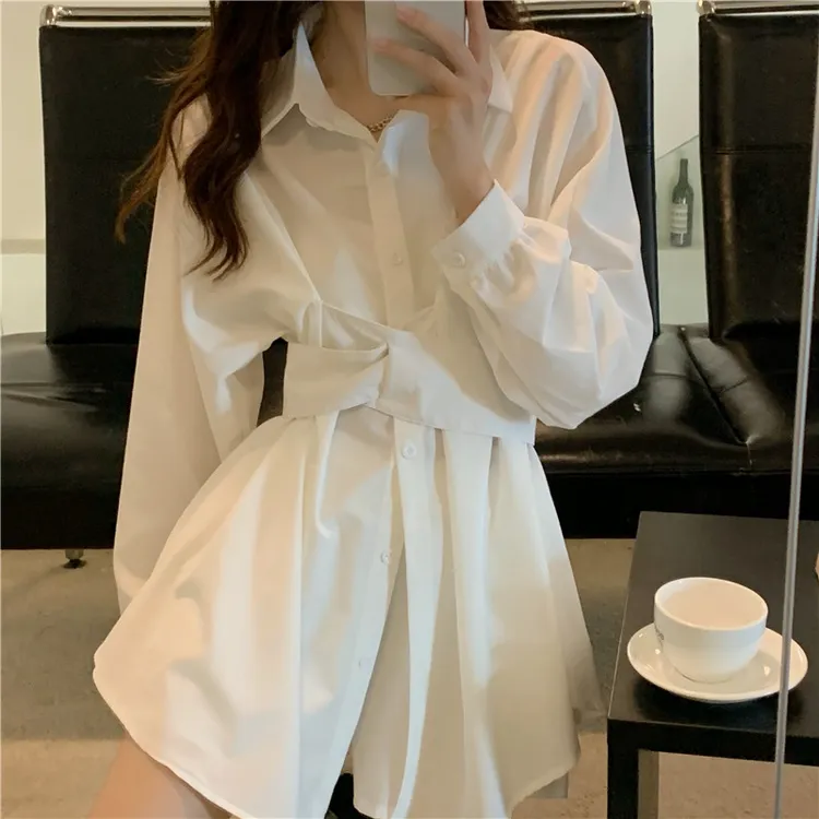 港风白色衬衫连衣裙女春夏季设计感小众中长款收腰显瘦长袖衬衣裙
