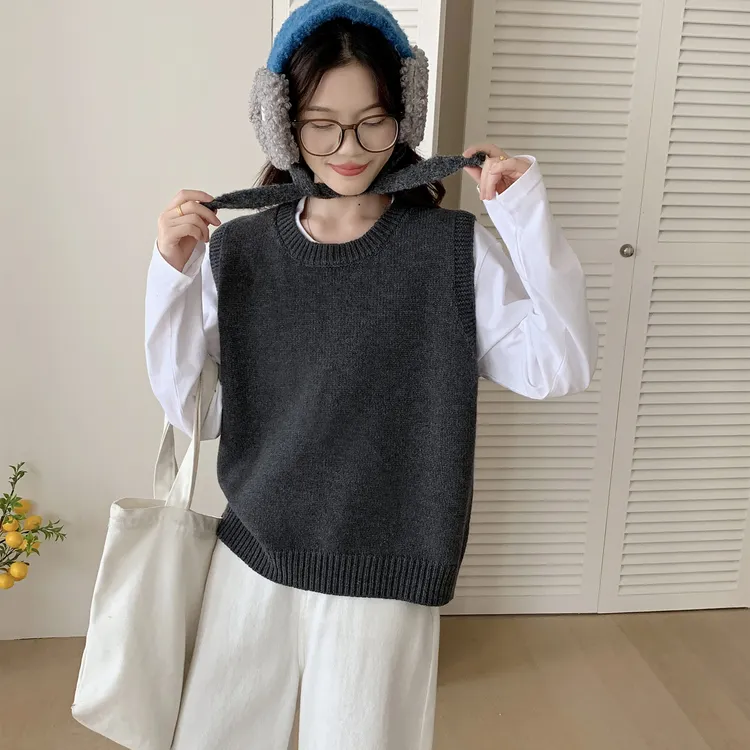 韩系复古圆领针织马甲女秋冬无袖叠穿宽松毛衣外搭软糯马夹上衣厚