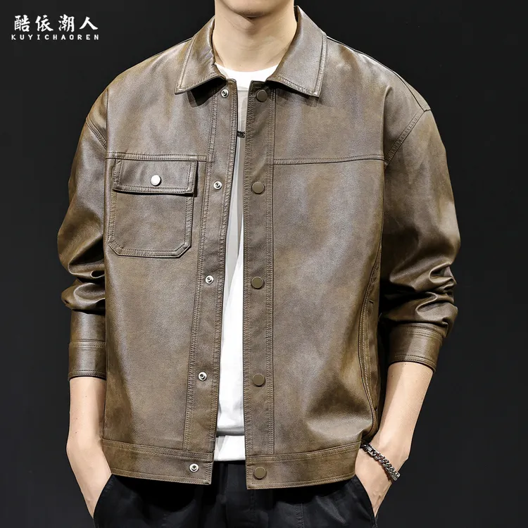 高端复古纹理皮衣男士外套秋季2025新款大码休闲衣服潮牌机车夹克