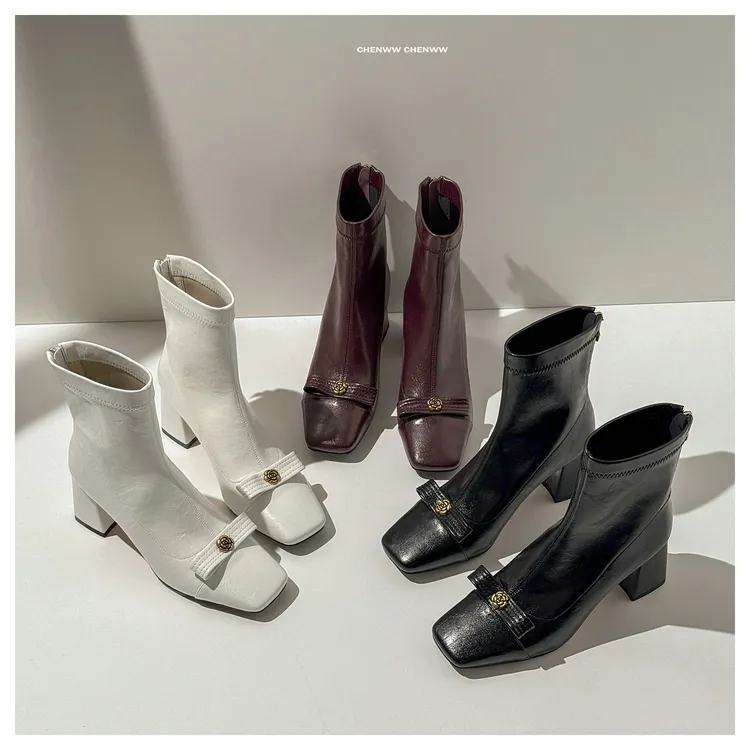 【CHENWW】新款复古山茶花瘦瘦靴中跟短靴粗跟靴复古弹力靴
