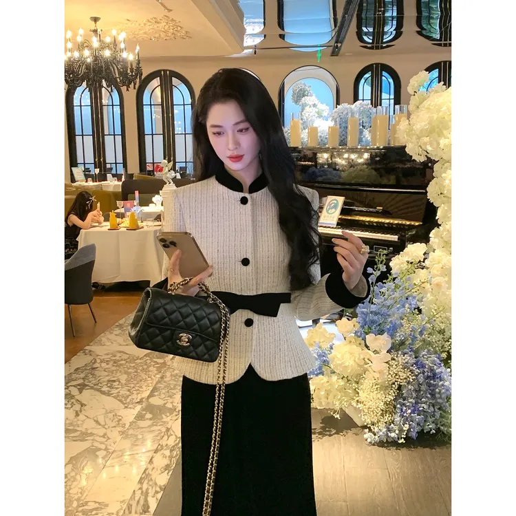 凌茜恣禾【玛德琳公馆】法式小香风蝴蝶结套装裙丝绒半身裙短外套